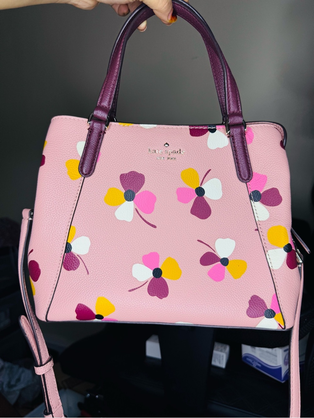kate spade Pink Floral Dome Satchel with Purple Handles
